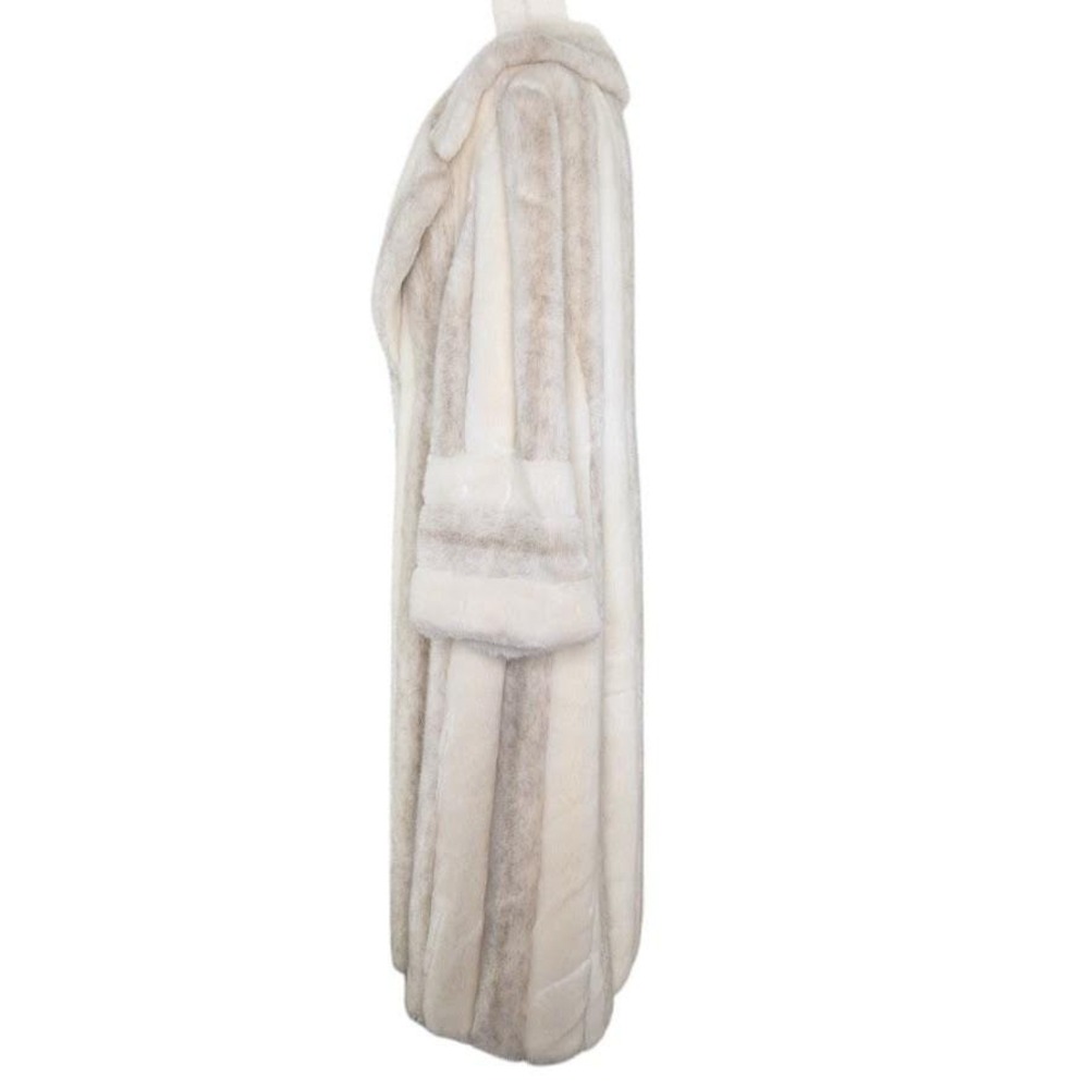 Vintage Faux Fur Long Coat Cream Gray Striped Oversized M/L Mob Wife Maximalist - Picture 5 of 13